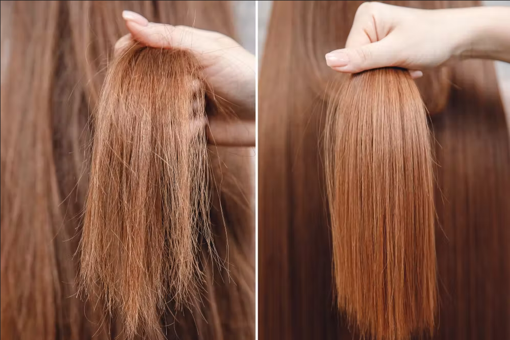 An image of frizzy hair that has been treated with a keratin treatment called Brazilian Blowout.